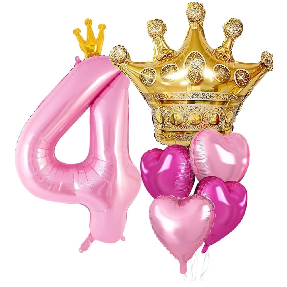 Princess 4th Birthday Pink and Gold Crown Balloon Set